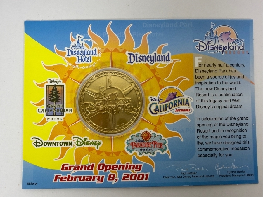 Vintage 2001 Disneyland Resort Grand Opening Commemorative Medallion Cast Member Exclusive Mounted On Presentation Card With Original Envelope [Photo 2]