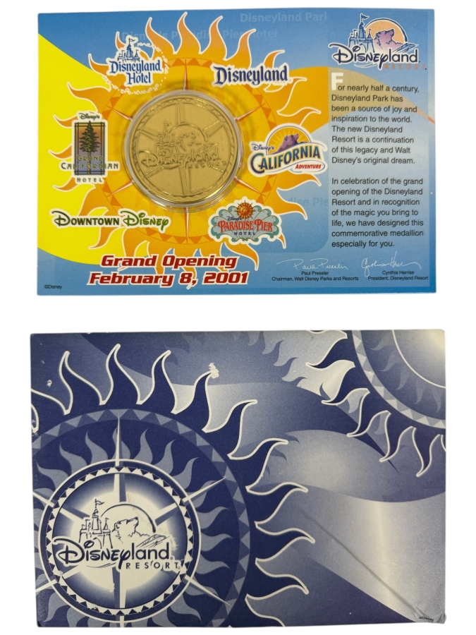 Vintage 2001 Disneyland Resort Grand Opening Commemorative Medallion Cast Member Exclusive Mounted On Presentation Card With Original Envelope