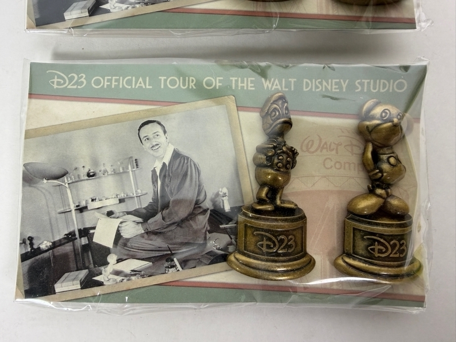 (2) D23 Official Tour Of The Walt Disney Studio Exclusive Antique Bronze Finish Mickey Mouse And Donald Duck Trophy Pin Set In Original Packaging [Photo 2]