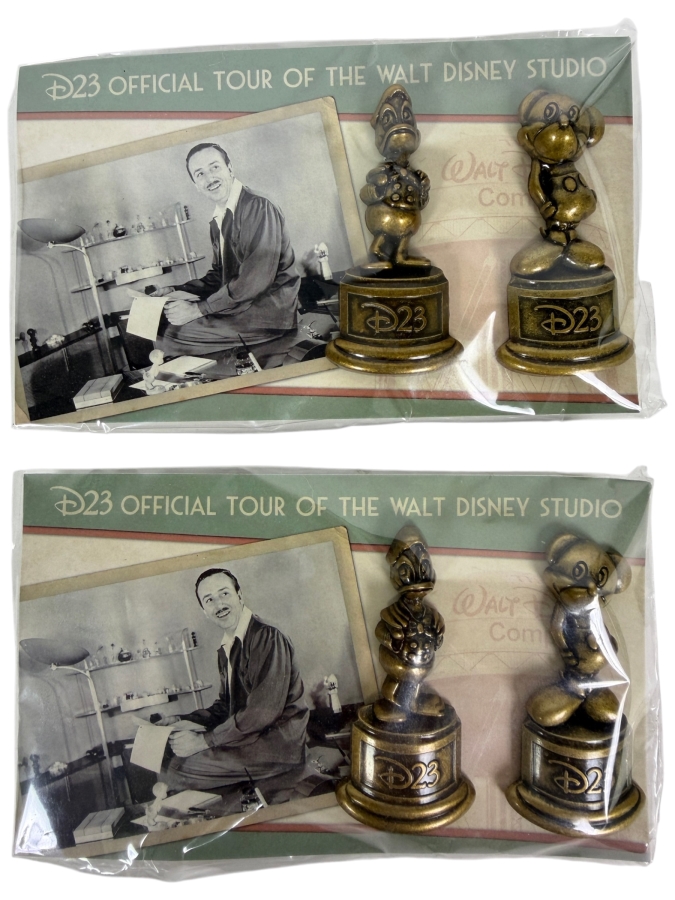 (2) D23 Official Tour Of The Walt Disney Studio Exclusive Antique Bronze Finish Mickey Mouse And Donald Duck Trophy Pin Set In Original Packaging