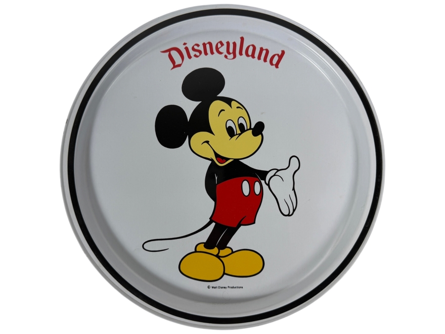 Vintage 1970s Disneyland Mickey Mouse Round Metal Tin Serving Tray Featuring Classic Standing Character Screen Art 10.75'H
