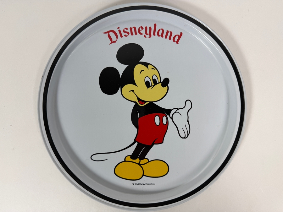 Vintage 1970s Disneyland Mickey Mouse Round Metal Tin Serving Tray Featuring Classic Standing Character Screen Art 10.75'H
 [Photo 2]