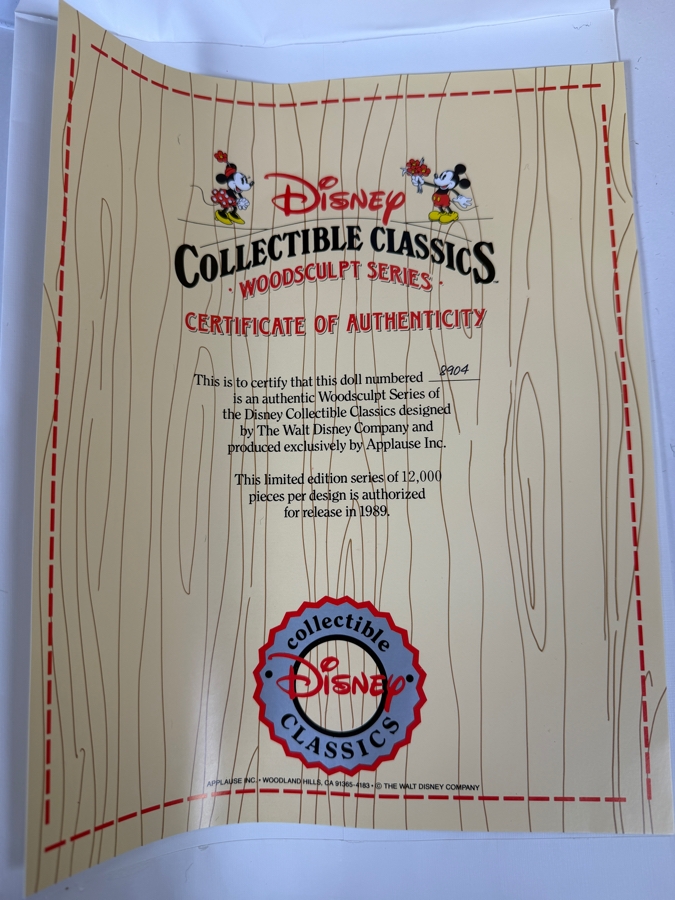 Vintage Disney Collectible Classics Woodsculpt Series Mickey Mouse Plush Featuring Sculpted Resin Head And Shoes By Applause With Box 15.5'H [Photo 9]