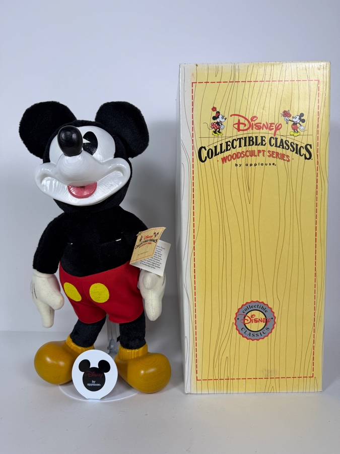 Vintage Disney Collectible Classics Woodsculpt Series Mickey Mouse Plush Featuring Sculpted Resin Head And Shoes By Applause With Box 15.5'H [Photo 2]