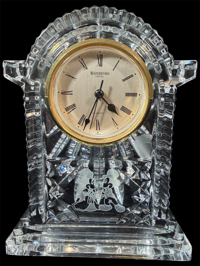Vintage Waterford Crystal Lismore Carriage Clock Featuring Etched Mickey And Minnie Mouse Wedding Scene In Gold-Tone Bezel 7'H
