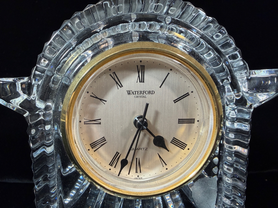 Vintage Waterford Crystal Lismore Carriage Clock Featuring Etched Mickey And Minnie Mouse Wedding Scene In Gold-Tone Bezel 7'H [Photo 4]