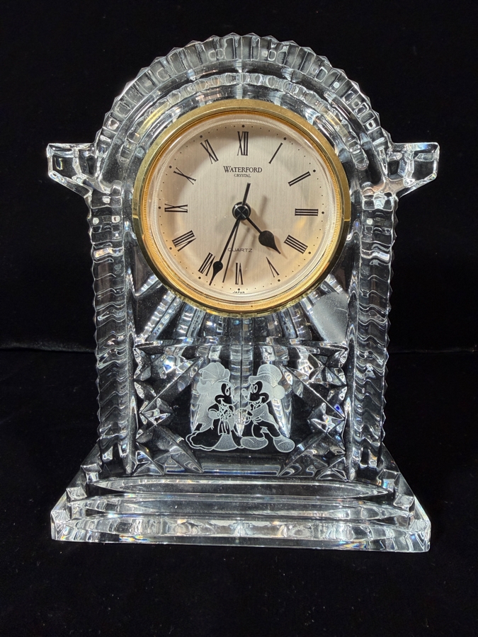 Vintage Waterford Crystal Lismore Carriage Clock Featuring Etched Mickey And Minnie Mouse Wedding Scene In Gold-Tone Bezel 7'H [Photo 2]