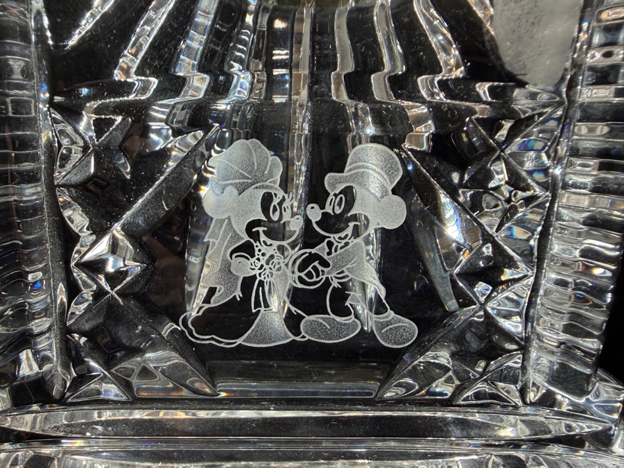 Vintage Waterford Crystal Lismore Carriage Clock Featuring Etched Mickey And Minnie Mouse Wedding Scene In Gold-Tone Bezel 7'H [Photo 3]