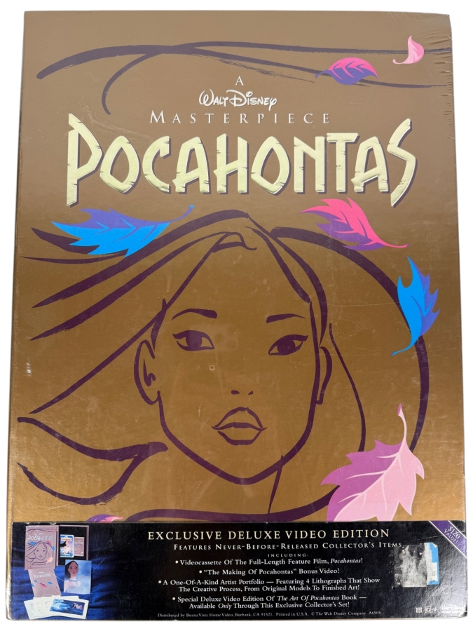 Vintage 1996 Walt Disney Masterpiece Pocahontas Exclusive Deluxe Video Edition Box Set Including VHS Tape Lithographs And Art Of Pocahontas Book 15'H