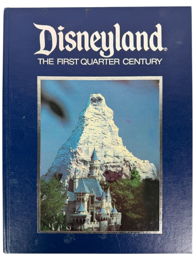 Disneyland The First Quarter Century Blue Hardcover Souvenir Book Featuring Sleeping Beauty Castle And Matterhorn Bobsleds Cover Art 