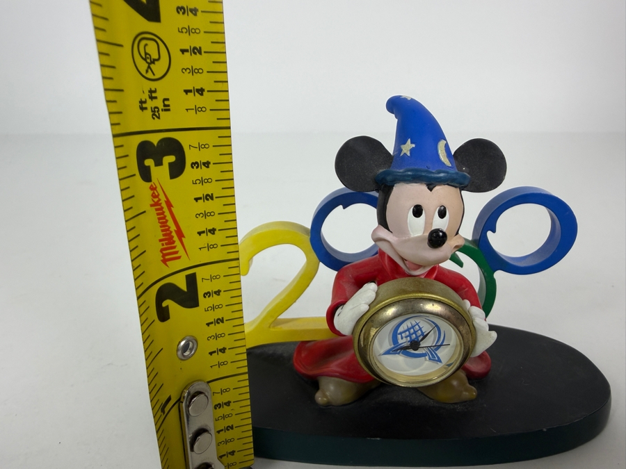 Vintage 1999 Cast Holiday Celebration Walt Disney World Millennium Celebration Sorcerer Mickey Mouse Resin Figurine Clock Featuring Large '2000' Logo On Black Oval Base 4.5'W X 3'H [Photo 5]