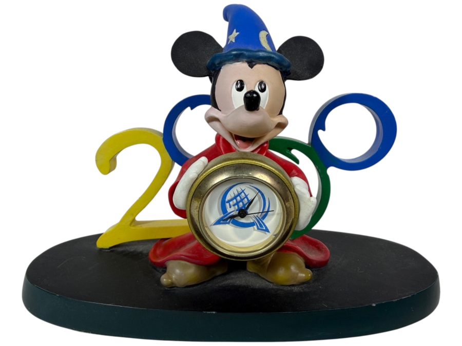 Vintage 1999 Cast Holiday Celebration Walt Disney World Millennium Celebration Sorcerer Mickey Mouse Resin Figurine Clock Featuring Large '2000' Logo On Black Oval Base 4.5'W X 3'H