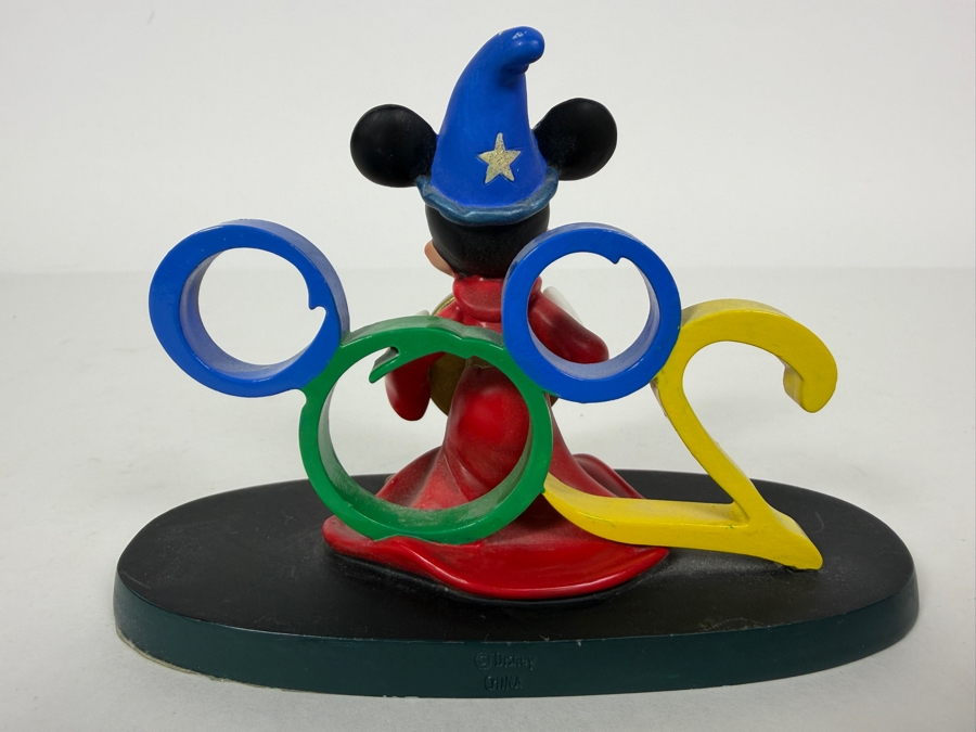 Vintage 1999 Cast Holiday Celebration Walt Disney World Millennium Celebration Sorcerer Mickey Mouse Resin Figurine Clock Featuring Large '2000' Logo On Black Oval Base 4.5'W X 3'H [Photo 2]