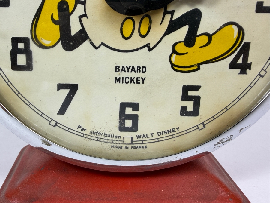 Vintage 1960s Walt Disney Productions Bayard Mickey Mouse Animated Mechanical Alarm Clock Featuring Nodding Head And Red Metal Base Made In France 5'H - Not Working - For Display [Photo 3]