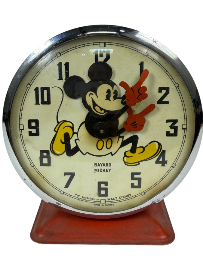 Vintage 1960s Walt Disney Productions Bayard Mickey Mouse Animated Mechanical Alarm Clock Featuring Nodding Head And Red Metal Base Made In France 5'H - Not Working - For Display