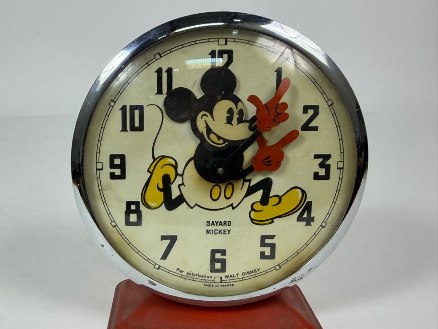 Vintage 1960s Walt Disney Productions Bayard Mickey Mouse Animated Mechanical Alarm Clock Featuring Nodding Head And Red Metal Base Made In France 5'H - Not Working - For Display [Photo 4]