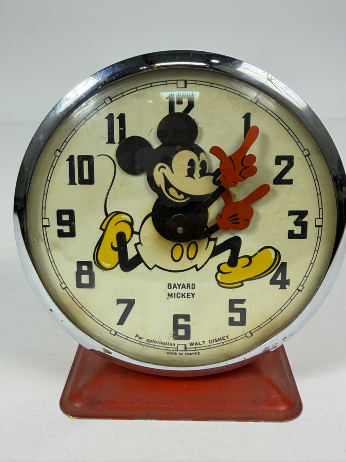 Vintage 1960s Walt Disney Productions Bayard Mickey Mouse Animated Mechanical Alarm Clock Featuring Nodding Head And Red Metal Base Made In France 5'H - Not Working - For Display [Photo 2]