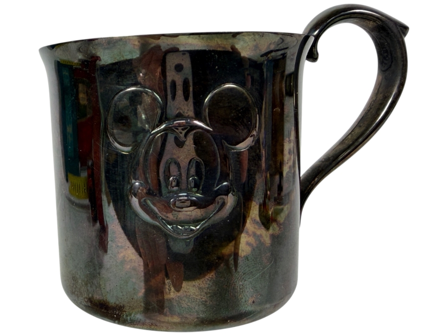 Vintage Reed & Barton Silver-Plated Mickey Mouse Child's Cup Featuring High-Relief Character Face And Tarnish-Resistant Finish 2.5'H