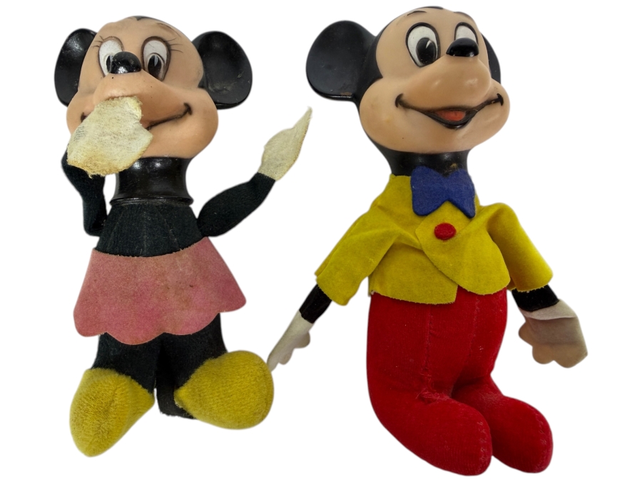 Vintage Walt Disney Productions Mickey And Minnie Mouse Vinyl Face Sawdust-Stuffed Plush Dolls Made In Taiwan/Japan 6'H