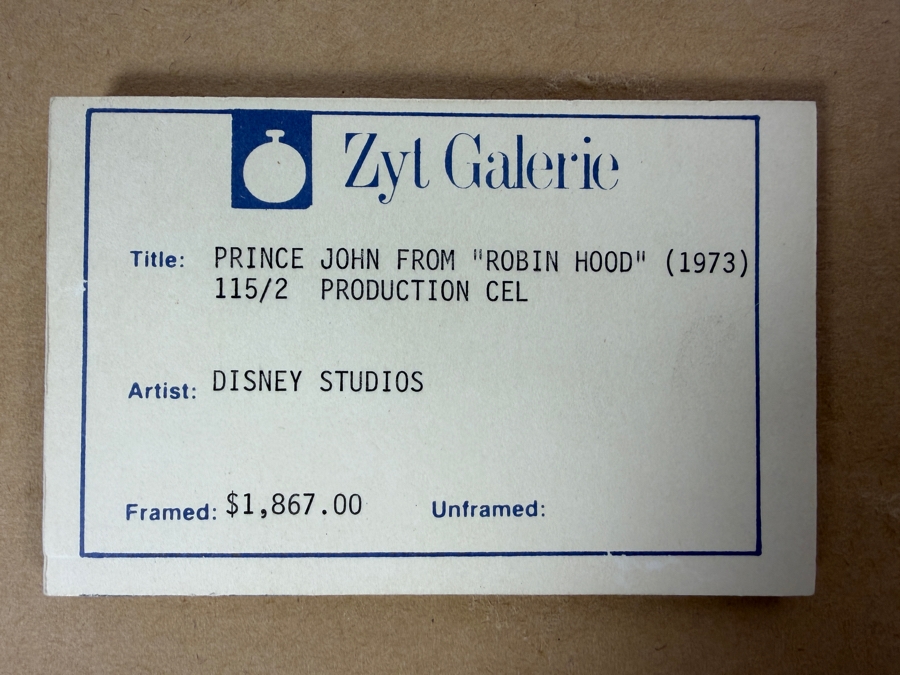 Original Walt Disney Productions Hand Painted Movie Film Production Cel Of Prince John From 'Robin Hood (1973)' 115/2 With No Background Disney Studios With Some Staining At The Bottom 14 X 10 Framed 22 X 18.5 [Photo 3]