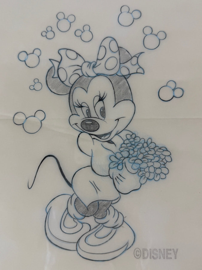 Original Walt Disney Hand Drawn Minnie Mouse With Flowers T-Shirt Design By Disney Artist Mark Seppala Purchased For $1,010 From The 1st Disneyana Convention In 1992 At Walt Disney World Resort 13 X 16 Framed 22 X 25