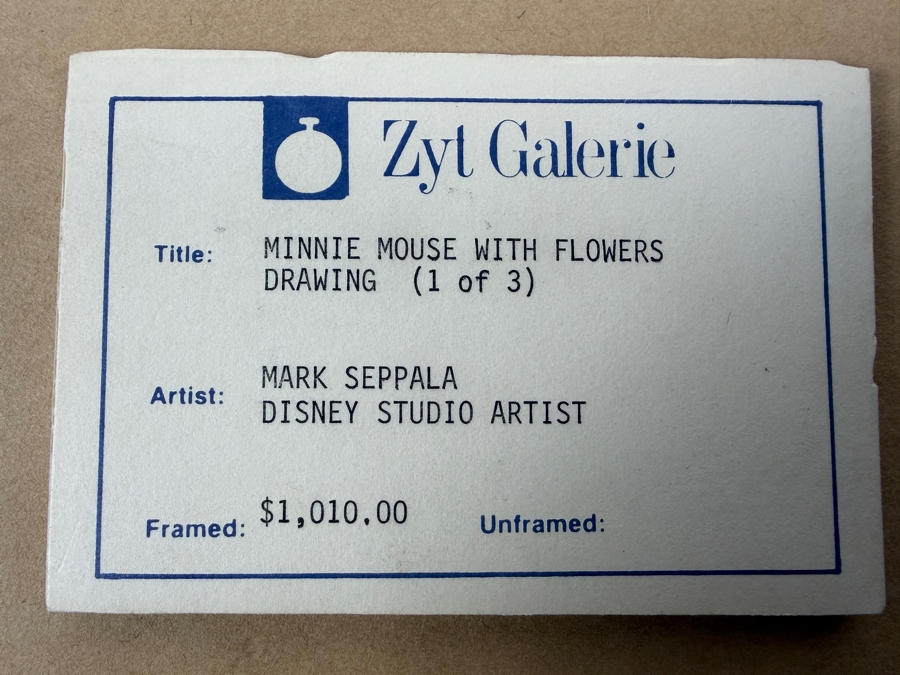 Original Walt Disney Hand Drawn Minnie Mouse With Flowers T-Shirt Design By Disney Artist Mark Seppala Purchased For $1,010 From The 1st Disneyana Convention In 1992 At Walt Disney World Resort 13 X 16 Framed 22 X 25 [Photo 17]