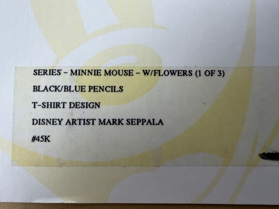 Original Walt Disney Hand Drawn Minnie Mouse With Flowers T-Shirt Design By Disney Artist Mark Seppala Purchased For $1,010 From The 1st Disneyana Convention In 1992 At Walt Disney World Resort 13 X 16 Framed 22 X 25 [Photo 14]