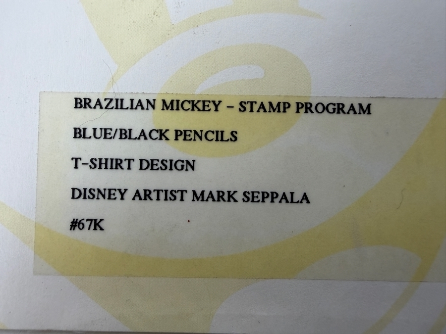 Original Walt Disney Hand Drawn Concept Drawing Of Brazilian Mickey Mouse Stamp Program T-Shirt Design By Disney Artist Mark Seppala #67K Purchased For $1,042 From The 1st Disneyana Convention In 1992 At Walt Disney World Resort 9 X 12 Framed 15.5 X 18 [Photo 15]
