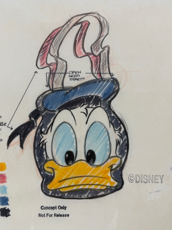 Original Walt Disney Hand Drawn Concept Drawing Of Donald Duck Totebag Design By Disney Artist Darren Hunt #81C From The 1st Disneyana Convention In 1992 At Walt Disney World Resort 10 X 12 Framed 17.5 X 19 [Photo 4]