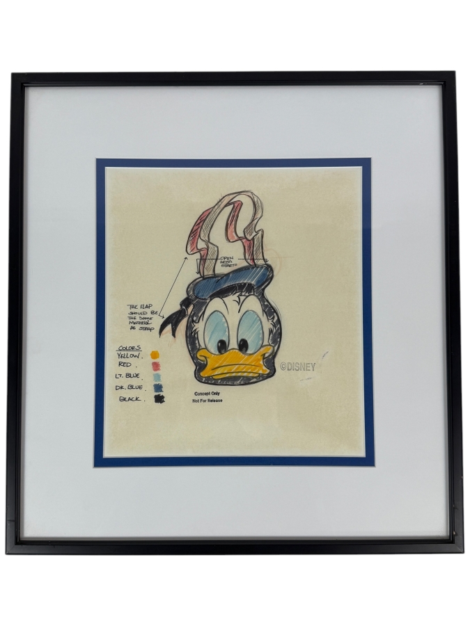 Original Walt Disney Hand Drawn Concept Drawing Of Donald Duck Totebag Design By Disney Artist Darren Hunt #81C From The 1st Disneyana Convention In 1992 At Walt Disney World Resort 10 X 12 Framed 17.5 X 19 [Photo 2]