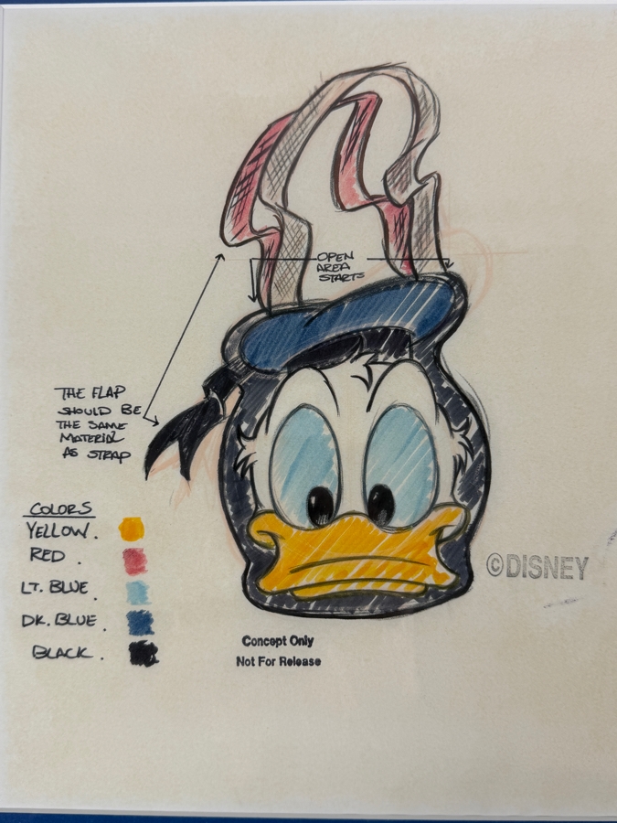 Original Walt Disney Hand Drawn Concept Drawing Of Donald Duck Totebag Design By Disney Artist Darren Hunt #81C From The 1st Disneyana Convention In 1992 At Walt Disney World Resort 10 X 12 Framed 17.5 X 19