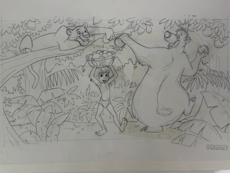 Original Walt Disney Hand Drawn Candy Packaging Concept Drawing Of Mowgli, Baloo & Bagheera From Jungle Book - 'Citrus Juice Patties' By Disney Artist Russell Schroeder From The 2nd Official Disneyana Convention In 1993 At Disneyland ($400 In 1993) 16 X 9