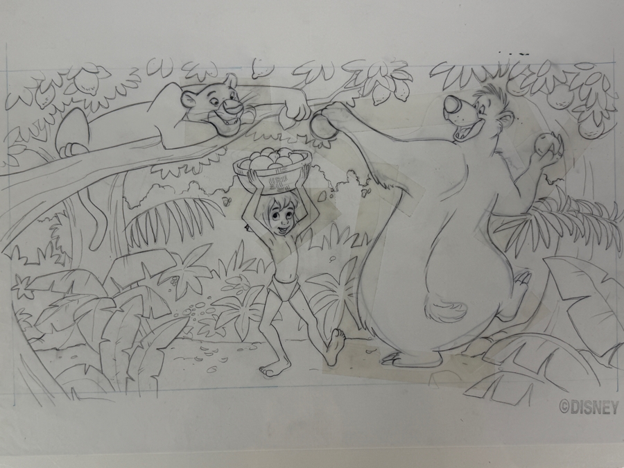 Original Walt Disney Hand Drawn Candy Packaging Concept Drawing Of Mowgli, Baloo & Bagheera From Jungle Book - 'Citrus Juice Patties' By Disney Artist Russell Schroeder From The 2nd Official Disneyana Convention In 1993 At Disneyland ($400 In 1993) 16 X 9 [Photo 3]