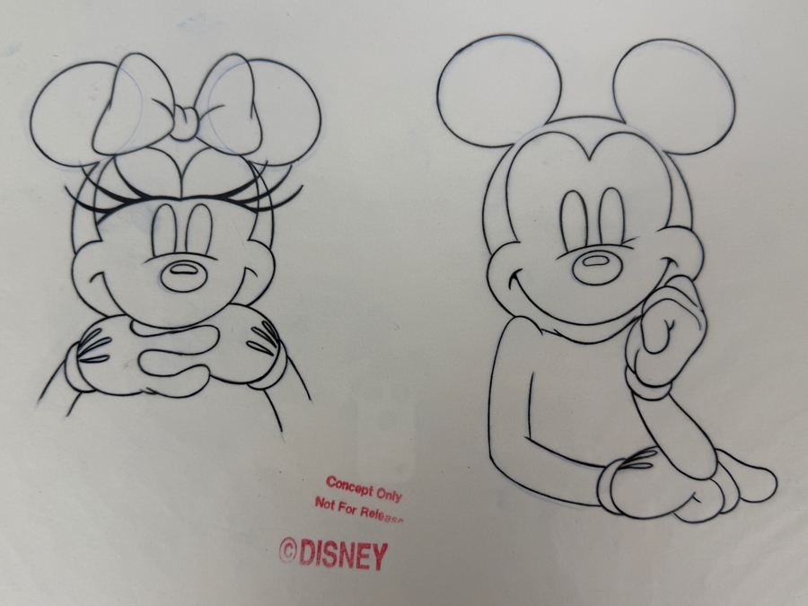 Original Walt Disney Hand Drawn Vintage Mickey Mouse & Minnie Mouse Concept Drawing For A Knitted Sweater By Disney Artist Alex Maher From The 2nd Official Disneyana Convention In 1993 At Disneyland Purchased For $360 In 1993 13 X 11