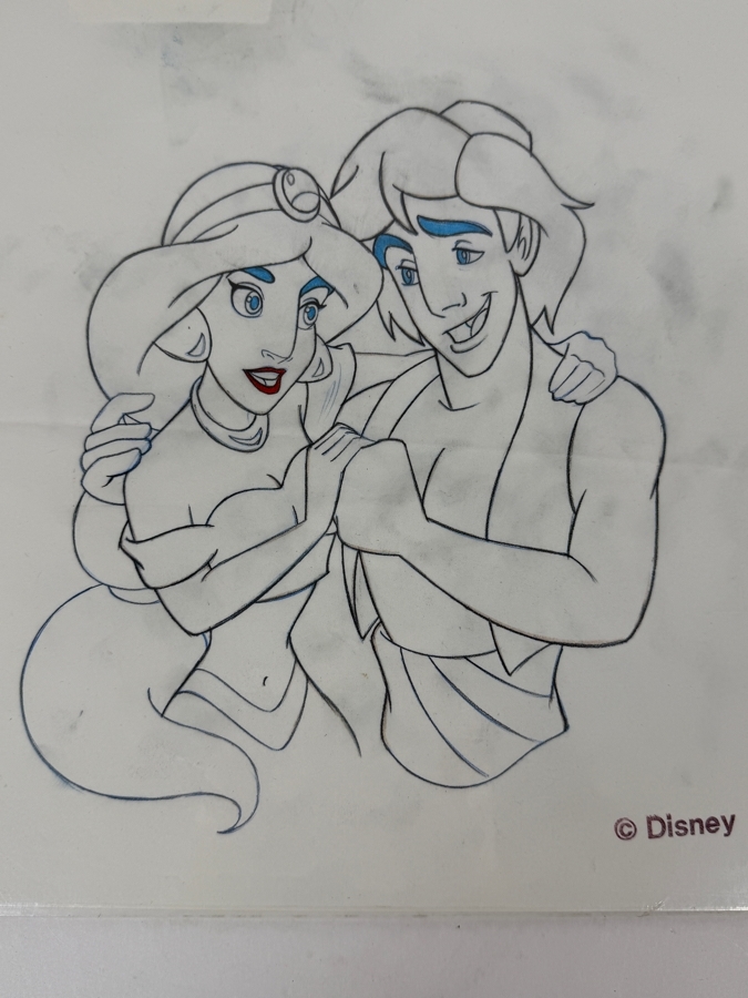 Original Walt Disney Hand Drawn Aladdin / Jasmine Concept Drawing For A T-Shirt By Disney Artist Darren Hunt From The 2nd Official Disneyana Convention In 1993 At Disneyland Purchased For $370 In 1993 15 X 11