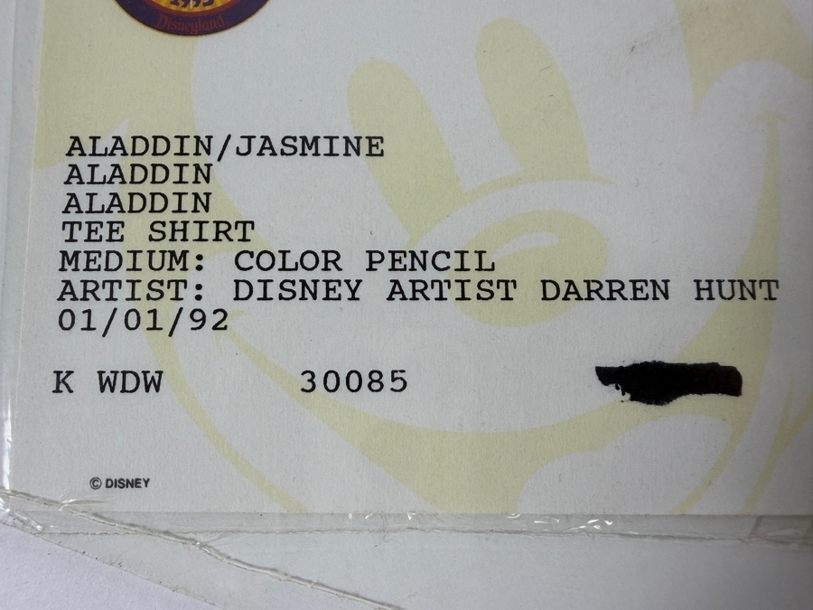 Original Walt Disney Hand Drawn Aladdin / Jasmine Concept Drawing For A T-Shirt By Disney Artist Darren Hunt From The 2nd Official Disneyana Convention In 1993 At Disneyland Purchased For $370 In 1993 15 X 11 [Photo 11]