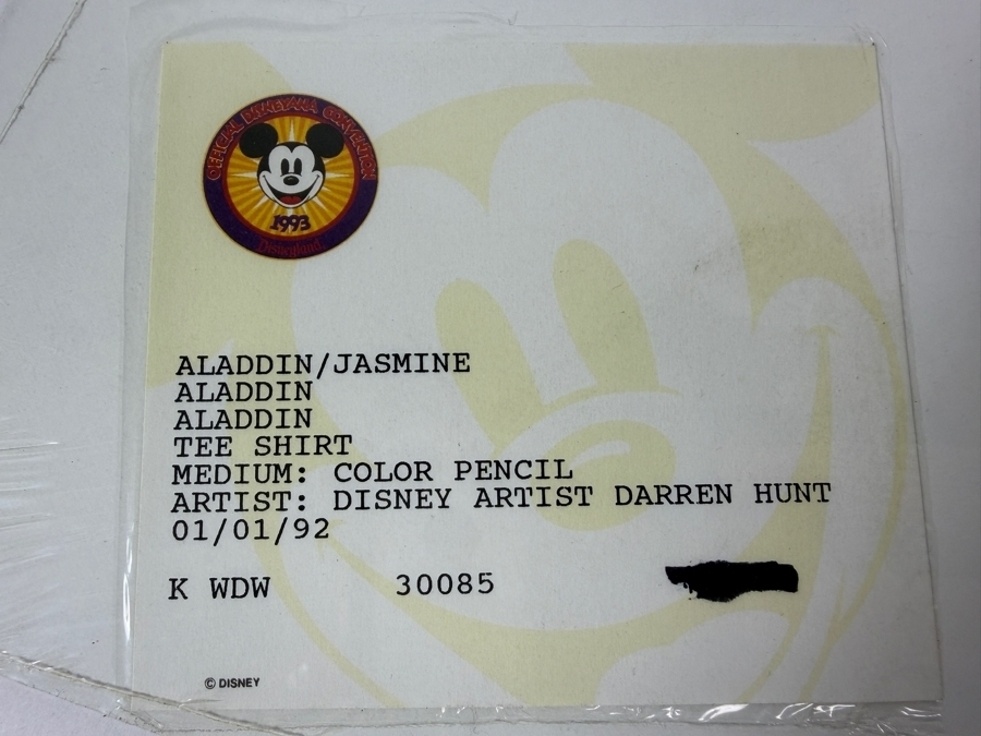 Original Walt Disney Hand Drawn Aladdin / Jasmine Concept Drawing For A T-Shirt By Disney Artist Darren Hunt From The 2nd Official Disneyana Convention In 1993 At Disneyland Purchased For $370 In 1993 15 X 11 [Photo 10]