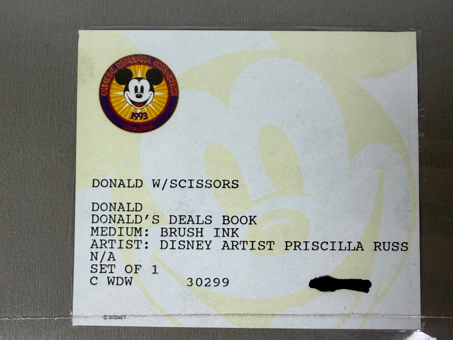 Original Walt Disney Hand Drawn Donald Duck With Scissors Concept Drawing For Donald's Deals Book By Disney Artist Priscilla Russ From The 2nd Official Disneyana Convention In 1993 At Disneyland Purchased For $300 In 1993 7 X 8 [Photo 10]