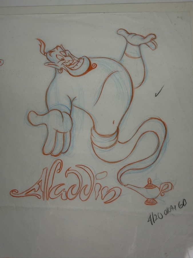 Original Walt Disney Hand Drawn Genie Aladdin Concept Drawing For A Lucite Key Chain By Disney Artist Alex Maher From The 2nd Official Disneyana Convention In 1993 At Disneyland Purchased For $380 In 1993 14 X 14 [Photo 4]