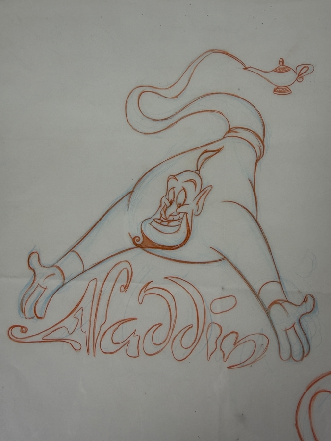 Original Walt Disney Hand Drawn Genie Aladdin Concept Drawing For A Lucite Key Chain By Disney Artist Alex Maher From The 2nd Official Disneyana Convention In 1993 At Disneyland Purchased For $380 In 1993 14 X 14 [Photo 3]