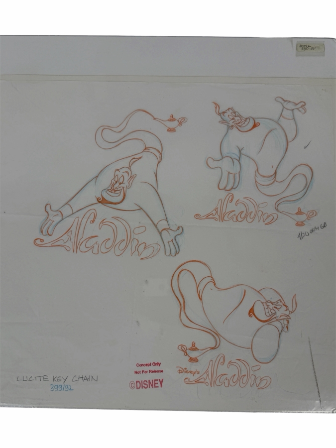 Original Walt Disney Hand Drawn Genie Aladdin Concept Drawing For A Lucite Key Chain By Disney Artist Alex Maher From The 2nd Official Disneyana Convention In 1993 At Disneyland Purchased For $380 In 1993 14 X 14