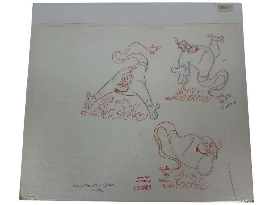 Original Walt Disney Hand Drawn Genie Aladdin Concept Drawing For A Lucite Key Chain By Disney Artist Alex Maher From The 2nd Official Disneyana Convention In 1993 At Disneyland Purchased For $380 In 1993 14 X 14 [Photo 2]