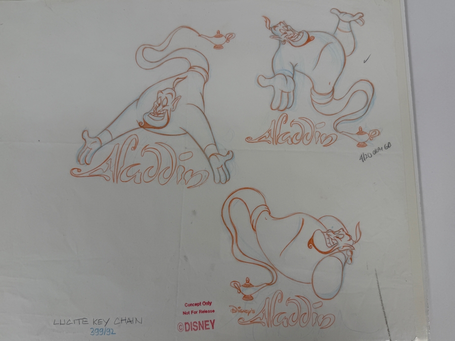 Original Walt Disney Hand Drawn Genie Aladdin Concept Drawing For A Lucite Key Chain By Disney Artist Alex Maher From The 2nd Official Disneyana Convention In 1993 At Disneyland Purchased For $380 In 1993 14 X 14 [Photo 11]