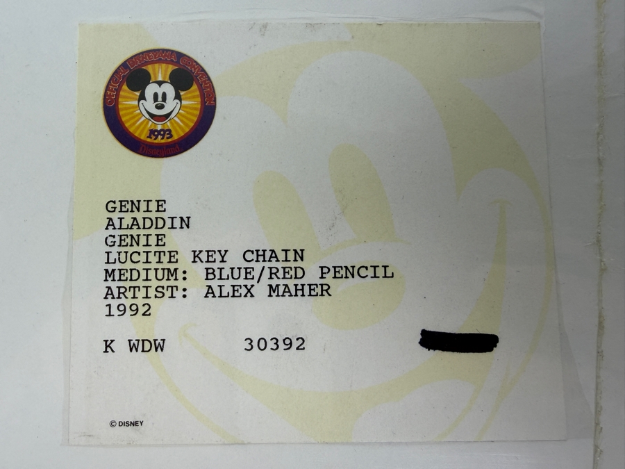 Original Walt Disney Hand Drawn Genie Aladdin Concept Drawing For A Lucite Key Chain By Disney Artist Alex Maher From The 2nd Official Disneyana Convention In 1993 At Disneyland Purchased For $380 In 1993 14 X 14 [Photo 12]