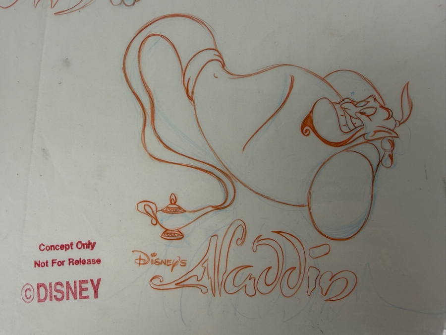 Original Walt Disney Hand Drawn Genie Aladdin Concept Drawing For A Lucite Key Chain By Disney Artist Alex Maher From The 2nd Official Disneyana Convention In 1993 At Disneyland Purchased For $380 In 1993 14 X 14 [Photo 6]