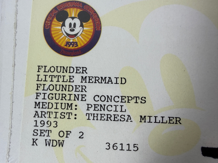 Original Walt Disney Hand Drawn Flounder From The Little Mermaid Figurine Concept Drawing By Disney Artist Theresa Miller From The 2nd Official Disneyana Convention In 1993 At Disneyland Purchased For $200 In 1993 9 X 6 [Photo 11]