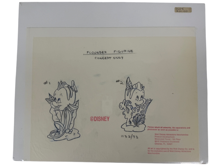 Original Walt Disney Hand Drawn Flounder From The Little Mermaid Figurine Concept Drawing By Disney Artist Theresa Miller From The 2nd Official Disneyana Convention In 1993 At Disneyland Purchased For $200 In 1993 9 X 6 [Photo 2]