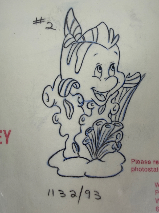 Original Walt Disney Hand Drawn Flounder From The Little Mermaid Figurine Concept Drawing By Disney Artist Theresa Miller From The 2nd Official Disneyana Convention In 1993 At Disneyland Purchased For $200 In 1993 9 X 6 [Photo 4]