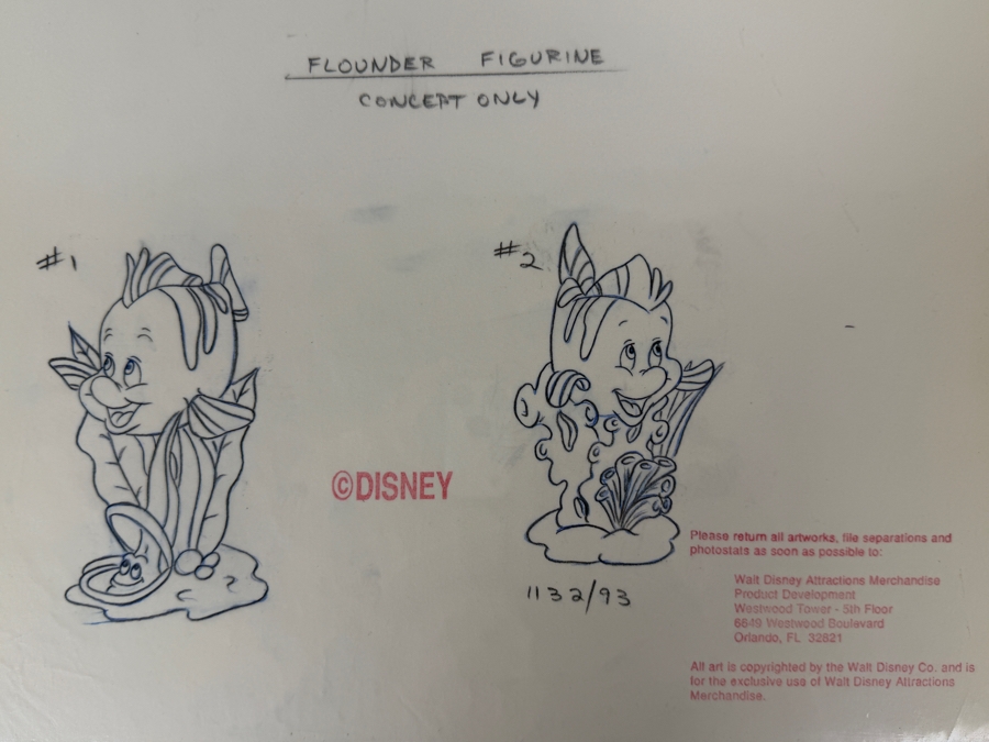 Original Walt Disney Hand Drawn Flounder From The Little Mermaid Figurine Concept Drawing By Disney Artist Theresa Miller From The 2nd Official Disneyana Convention In 1993 At Disneyland Purchased For $200 In 1993 9 X 6