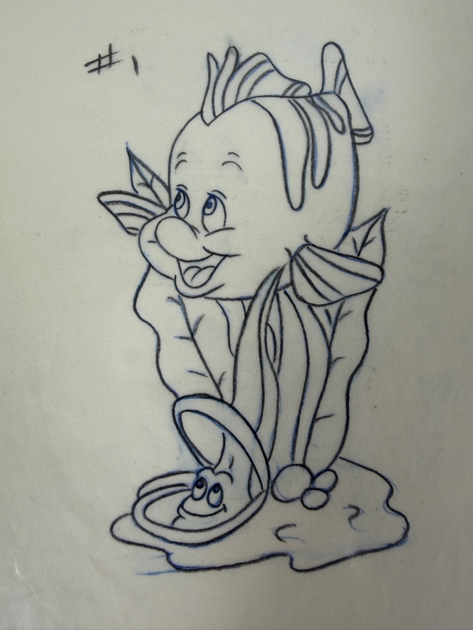 Original Walt Disney Hand Drawn Flounder From The Little Mermaid Figurine Concept Drawing By Disney Artist Theresa Miller From The 2nd Official Disneyana Convention In 1993 At Disneyland Purchased For $200 In 1993 9 X 6 [Photo 3]